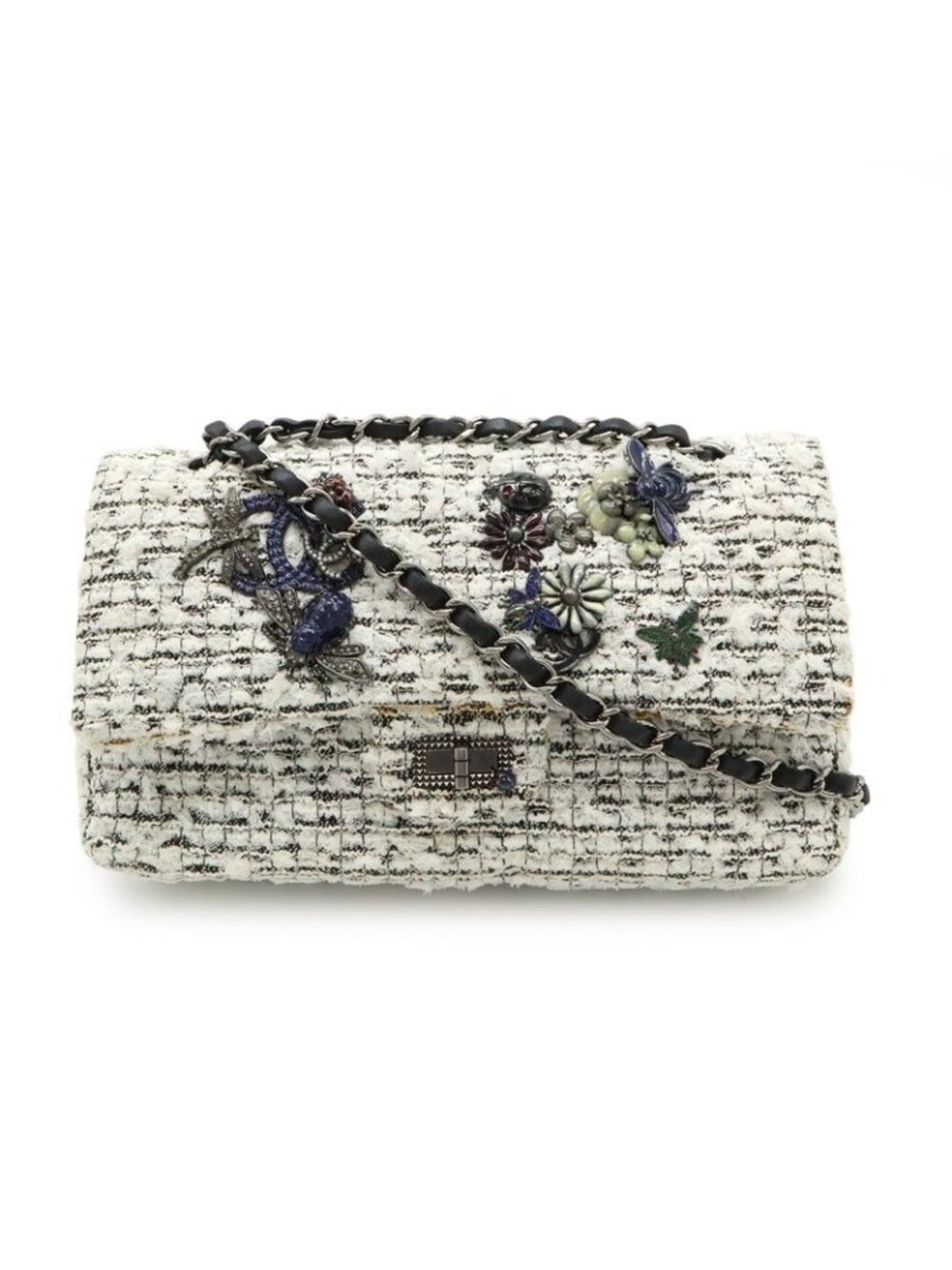 Chanel 255 Tweed Double Flap Chain Bag Shoulder Flower Motif Leather White Black